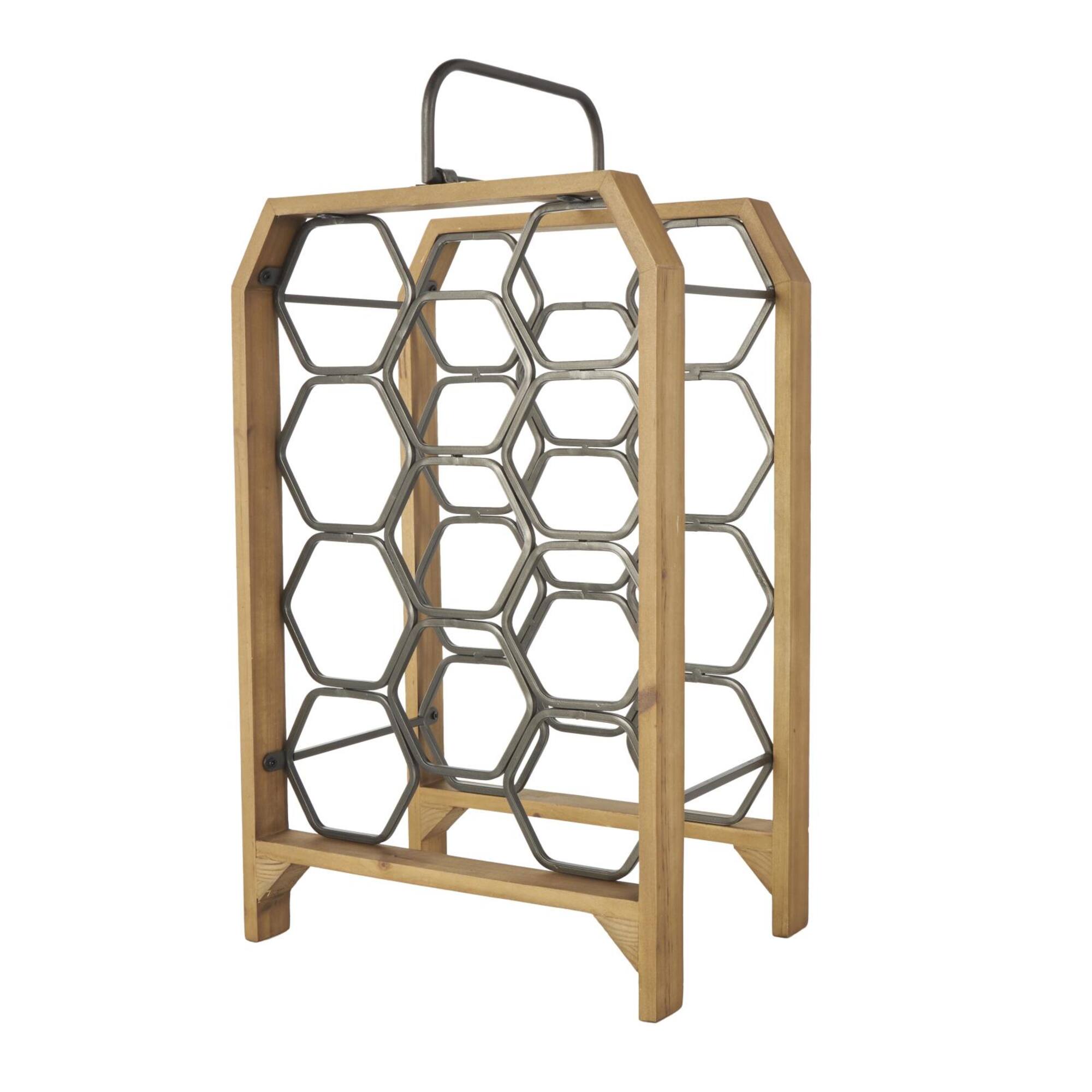 12" x 9" x 20" Brown Geometric 11 Slot Wooden Wine Rack with Gray Metal Curved Teardrop Holders